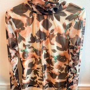 DKNY Floral Mesh Sheer Long Sleeve Mock Neck Top